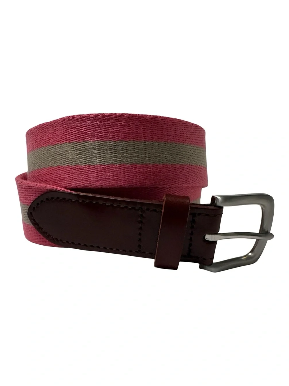 Vineyard Vines Pink and Tan Striped Canvas Belt with Brown Leather Trim